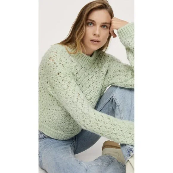 Mango Openwork‎ Cable Knit Cropped Sweater Green Women Size S - Picture 7 of 14